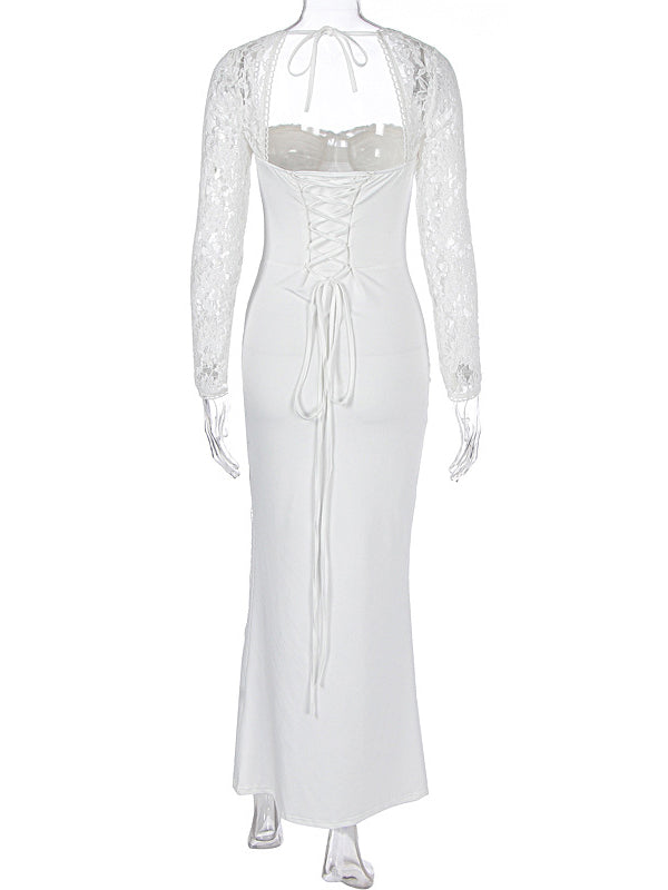 Momsmood Lace Side Slit Backless Tie Photoshoot Maternity Maxi Dress