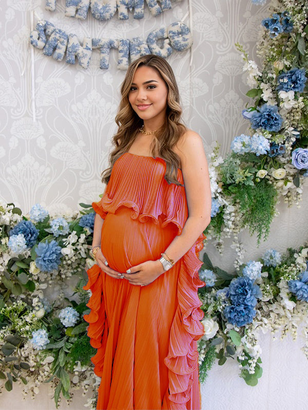 Momsmood Ruffle Bandeau Pleated Big Swing Flowy Baby Shower Maternity Maxi Dress