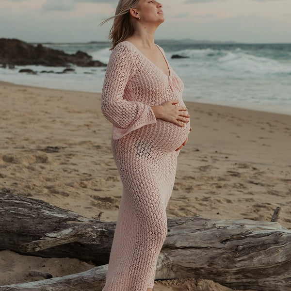 Momsmood Knit Cut Out Tie Flare Sleeve Backless Vacation Photoshoot Maternity Maxi Dress