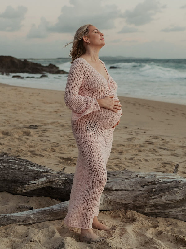 Momsmood Knit Cut Out Tie Flare Sleeve Backless Vacation Photoshoot Maternity Maxi Dress