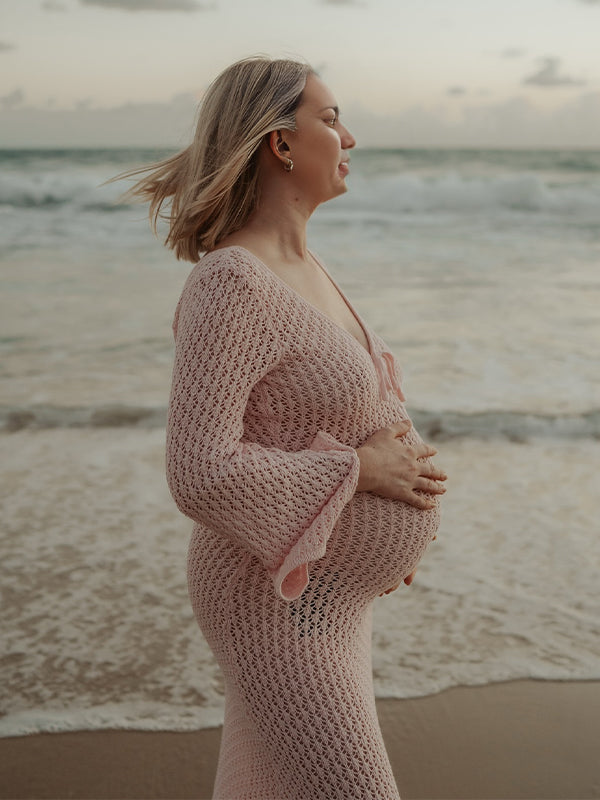 Momsmood Knit Cut Out Tie Flare Sleeve Backless Vacation Photoshoot Maternity Maxi Dress