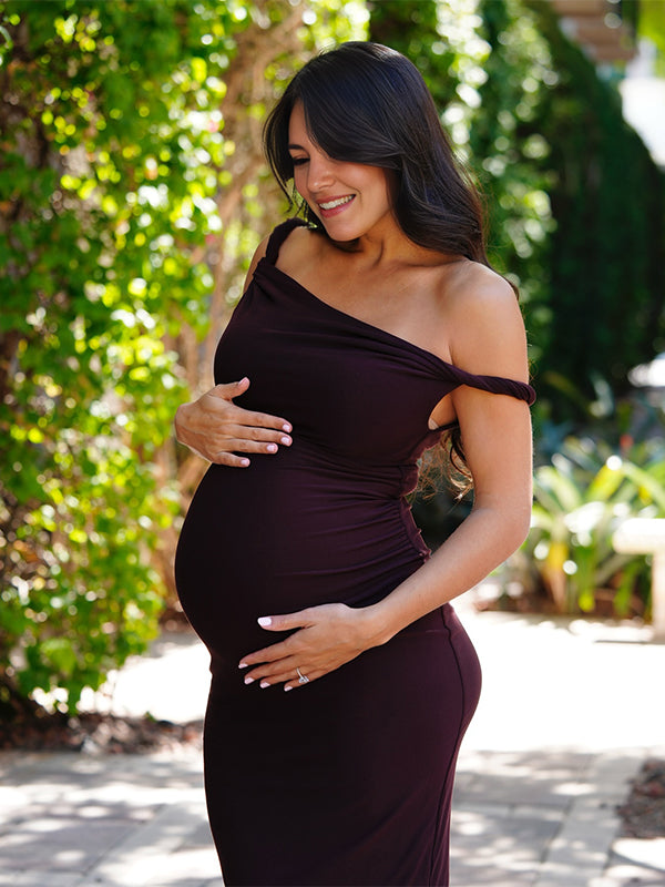 Momsmood One Shoulder Backless Ruched Mermaid Photoshoot Maternity Maxi Dress
