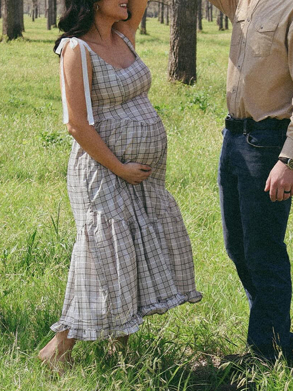 Momsmood Bow Plaid Ruffle U-neck Backless Baby Shower Photoshoot Maternity Maxi Dress