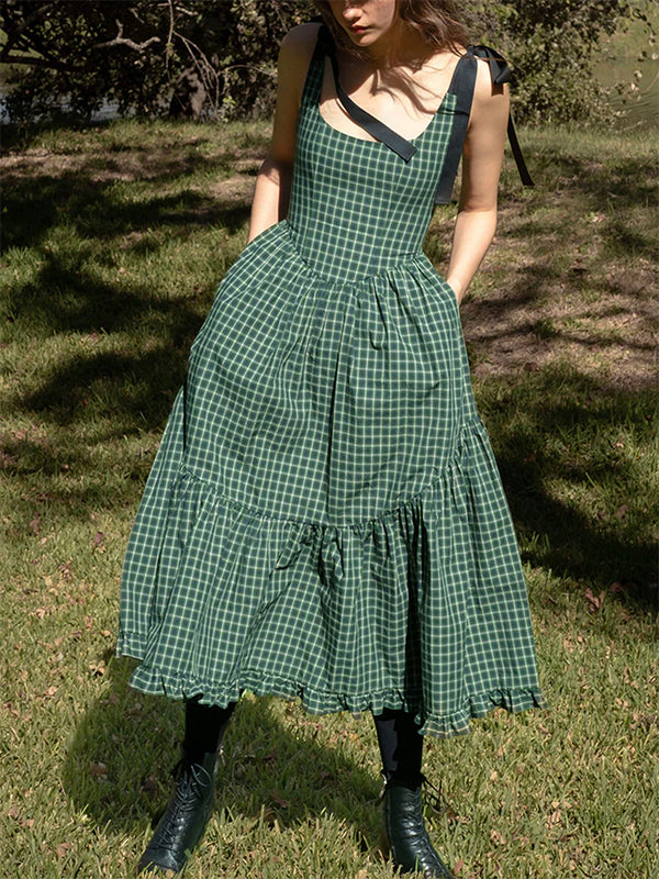 Momsmood Bow Plaid Ruffle U-neck Backless Baby Shower Photoshoot Maternity Maxi Dress