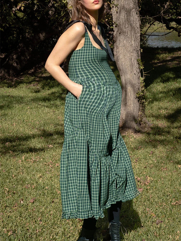 Momsmood Bow Plaid Ruffle U-neck Backless Baby Shower Photoshoot Maternity Maxi Dress