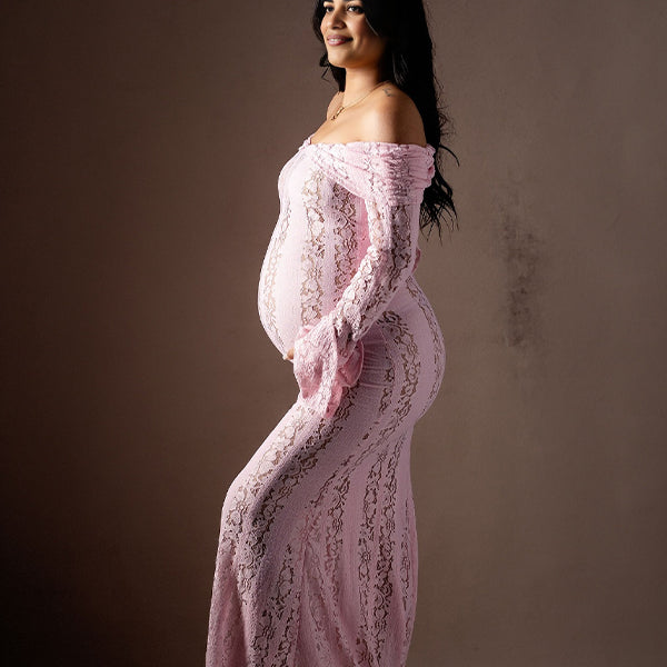 Pink Off Shoulder Lace Mermaid Photoshoot Maternity Maxi Dress
