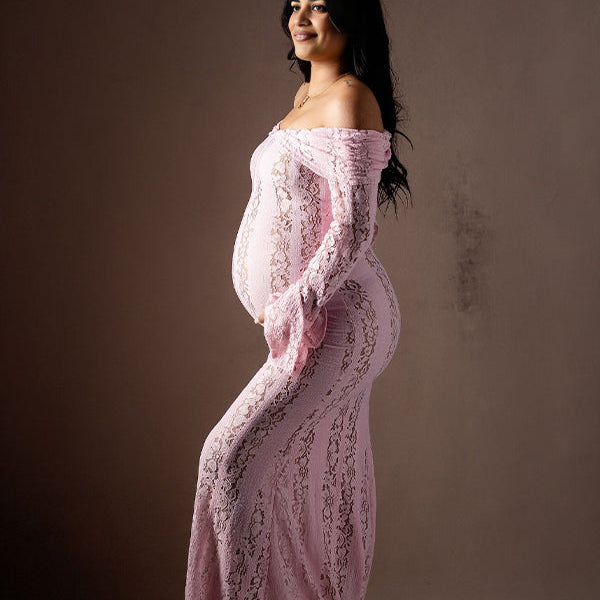 Momsmood Pink Off Shoulder Lace Mermaid Photoshoot Maternity Maxi Dress