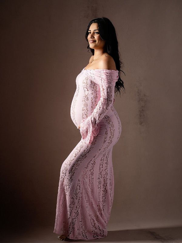 Momsmood Pink Off Shoulder Lace Mermaid Photoshoot Maternity Maxi Dress