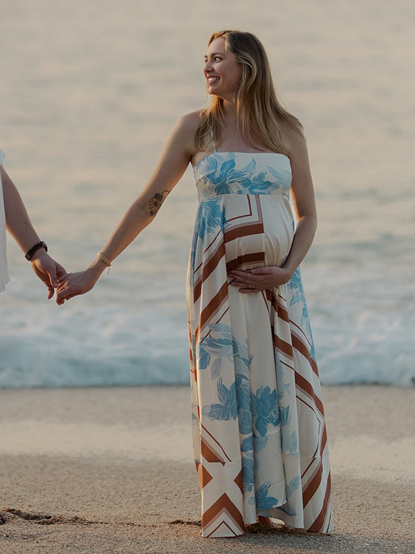 White Print High Waist Flowy Photoshoot Maternity Maxi Dress