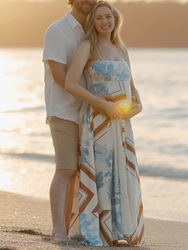 White Print High Waist Flowy Photoshoot Maternity Maxi Dress