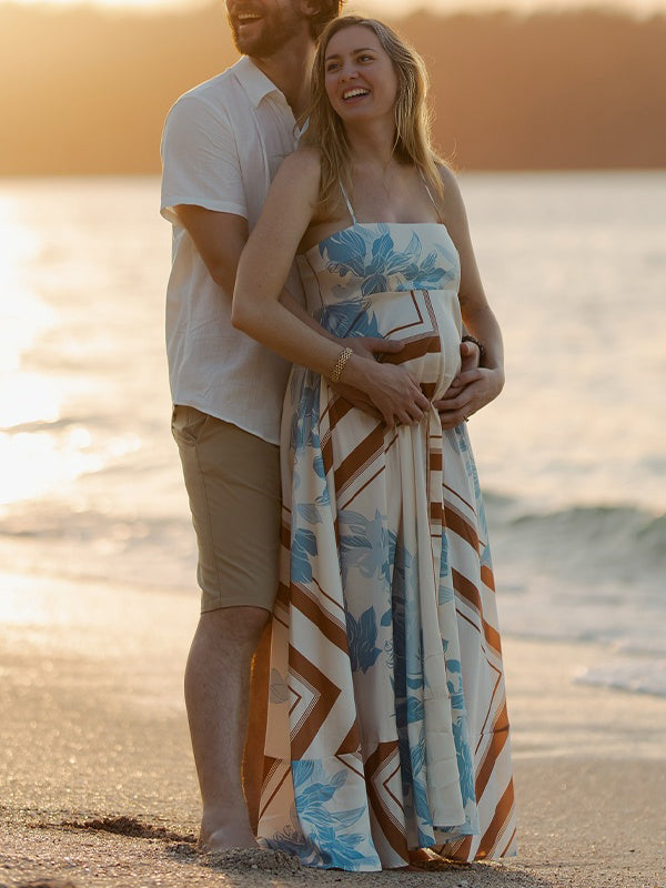 White Print High Waist Flowy Photoshoot Maternity Maxi Dress