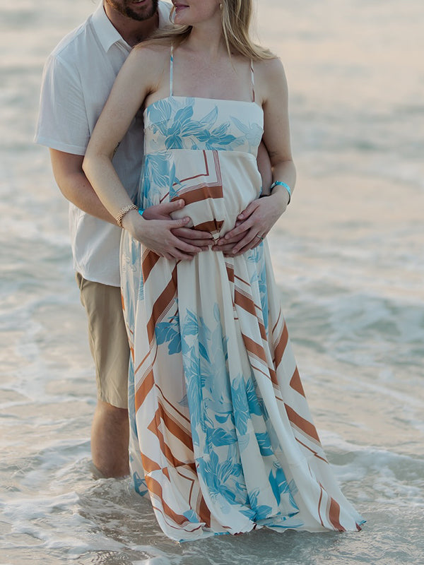 White Print High Waist Flowy Photoshoot Maternity Maxi Dress
