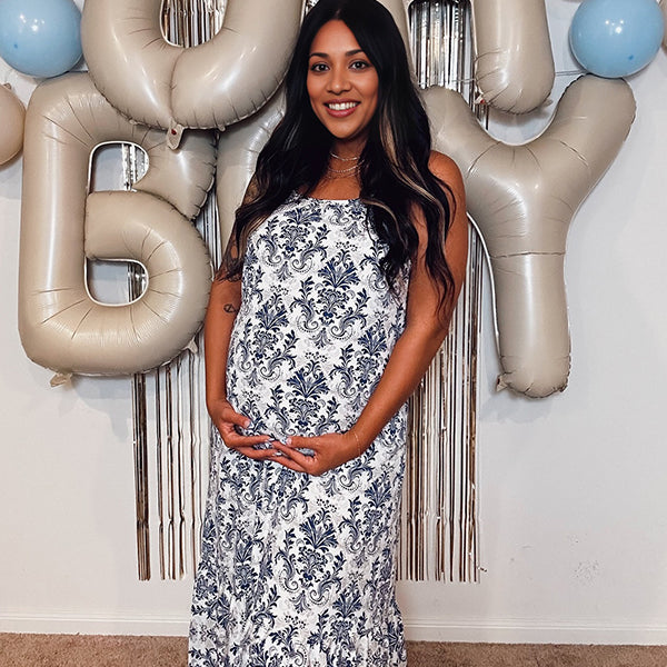 Blue Floral Flowy Baby Shower Maternity Maxi Dress