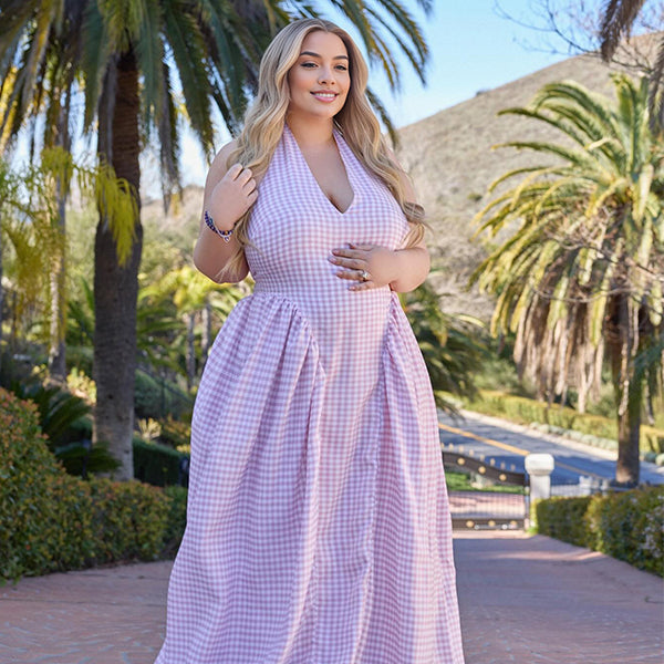 Pink Plaid Halter Neck A-line Baby Shower Maternity Maxi Dress