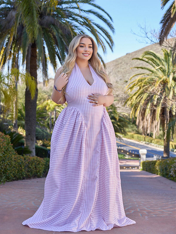 Pink Plaid Halter Neck A-line Baby Shower Maternity Maxi Dress