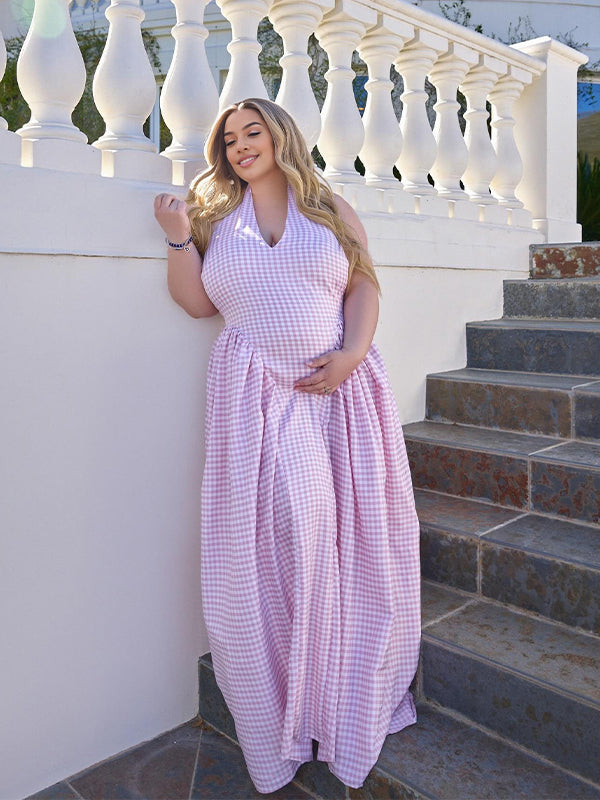 Pink Plaid Halter Neck A-line Baby Shower Maternity Maxi Dress
