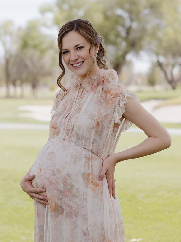 Apricot Floral Ruffle 3D Flowers Tie Flowy Photoshoot Maternity Maxi Dress