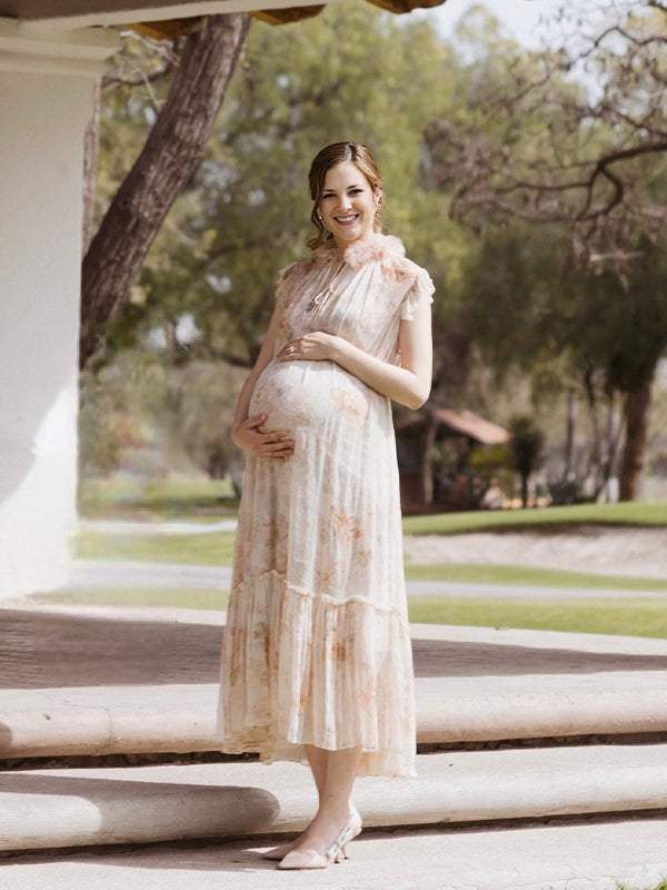 Apricot Floral Ruffle 3D Flowers Tie Flowy Photoshoot Maternity Maxi Dress