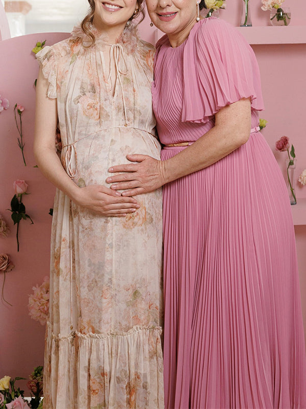 Apricot Floral Ruffle 3D Flowers Tie Flowy Photoshoot Maternity Maxi Dress