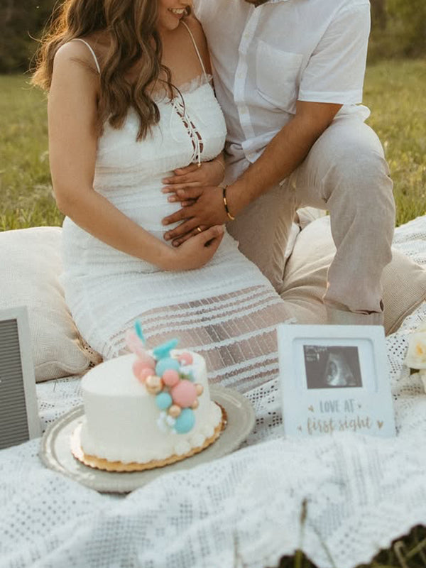Apricot Tulle Tie Ruched Sheer Ruffle Photoshoot Maternity Maxi Dress