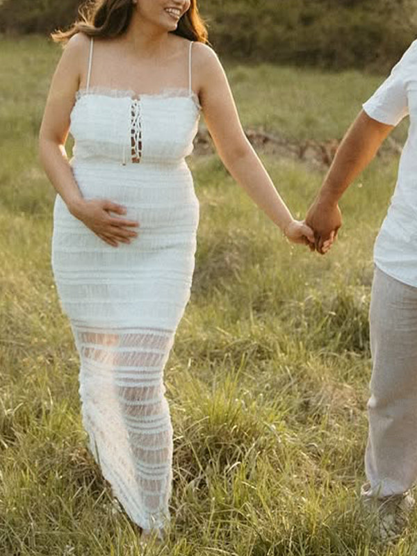 Apricot Tulle Tie Ruched Sheer Ruffle Photoshoot Maternity Maxi Dress