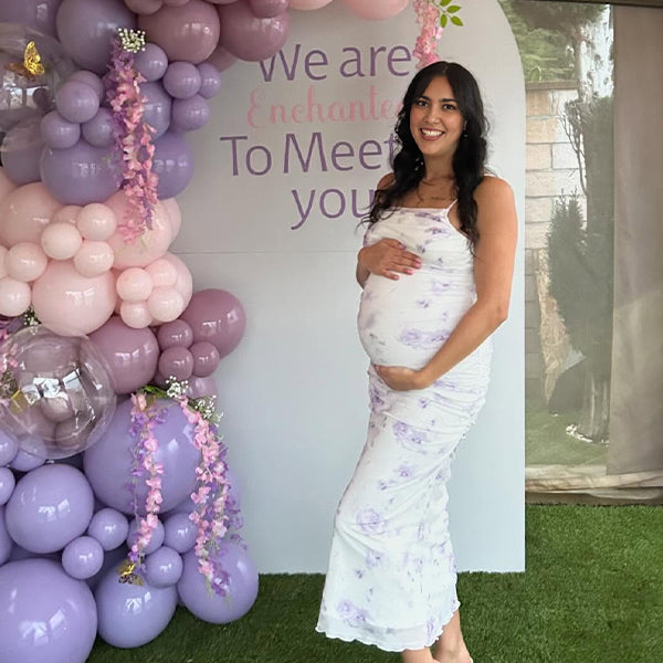 Purple Floral Ruched Baby Shower Maternity Maxi Dress