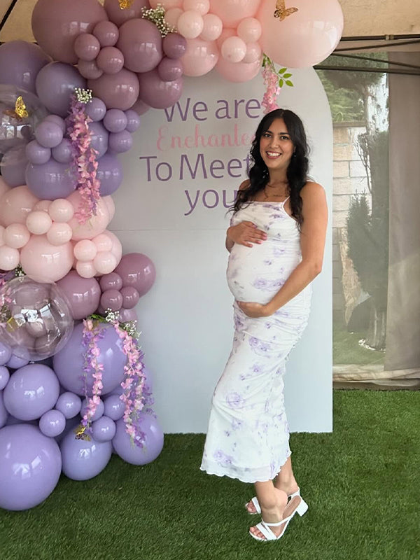 Purple Floral Ruched Baby Shower Maternity Maxi Dress