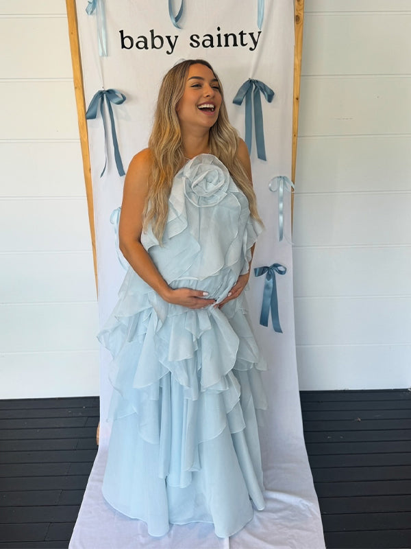Cake Ruffle 3D Flower Backless Baby Shower Maternity Maxi Dress