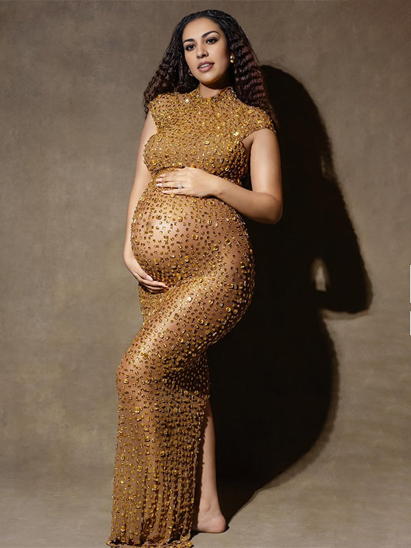 Golden Diamond Rhinestone Mesh Sheer Back Slit Photoshoot Maternity Maxi Dress