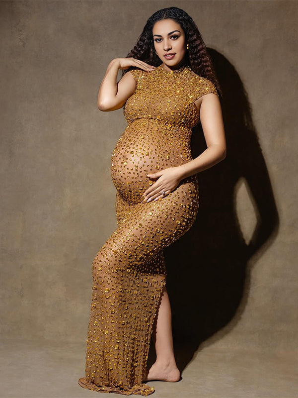 Golden Diamond Rhinestone Mesh Sheer Back Slit Photoshoot Maternity Maxi Dress