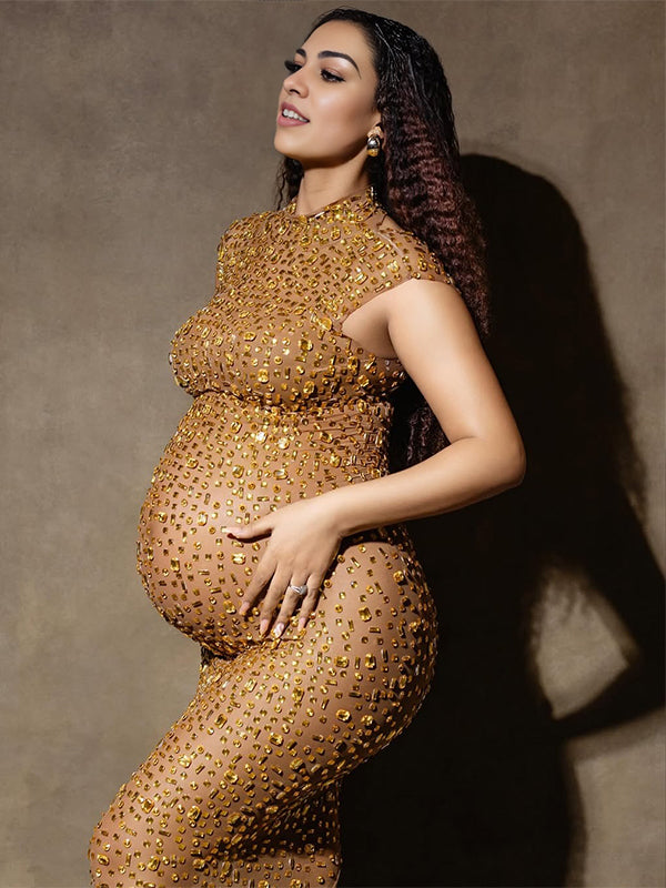 Black Diamond Rhinestone Mesh Sheer Back Slit Photoshoot Maternity Maxi Dress