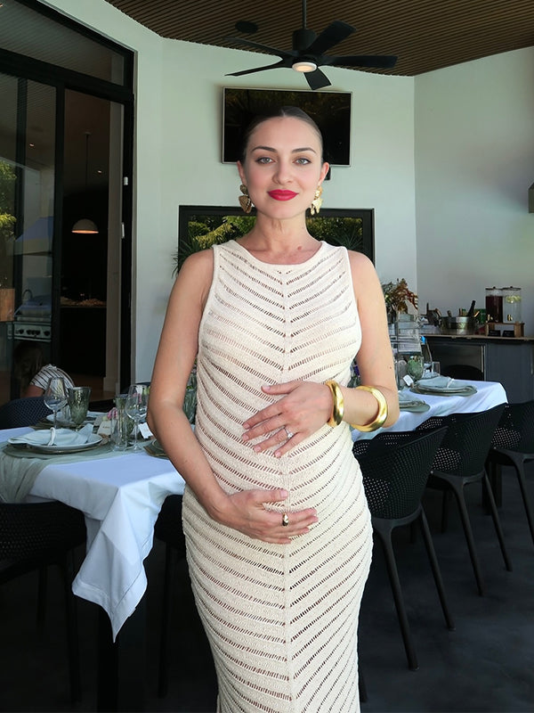 Apricot Cut Out Sheer Side Slit Babyshower Maternity Maxi Dress