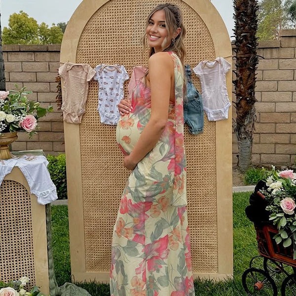 Floral Wrap Ruffle Backless Baby Shower Maternity Maxi Dress
