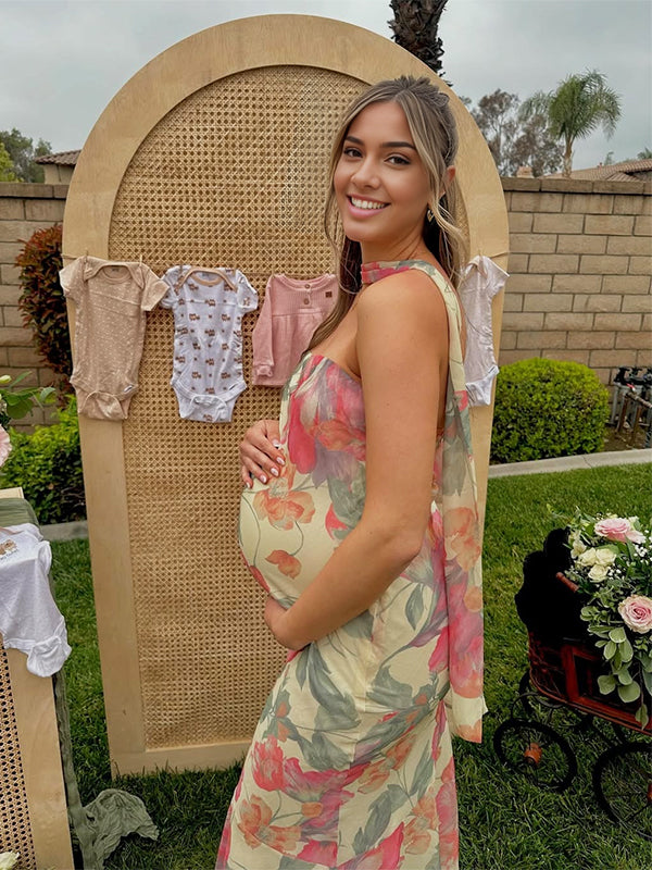 Floral Wrap Ruffle Backless Baby Shower Maternity Maxi Dress