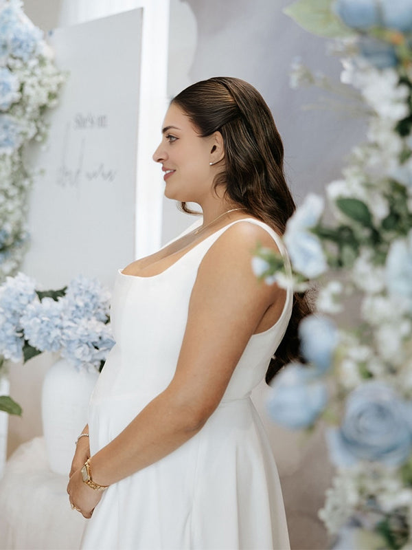 White Square Neck Swing Flowy Baby Shower Maternity Maxi Dress