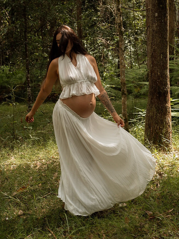 White 2-in-1 Pleated Backless Chiffon Photoshoot Maternity Maxi Dress