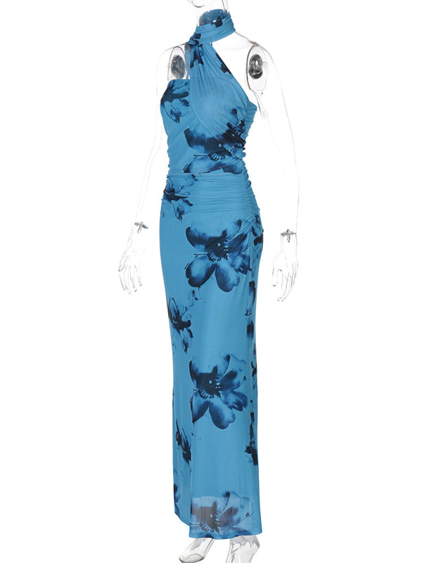 Blue Wrap Floral Ruched Baby Shower Maternity Maxi Dress