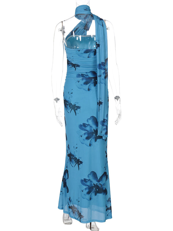 Blue Wrap Floral Ruched Baby Shower Maternity Maxi Dress