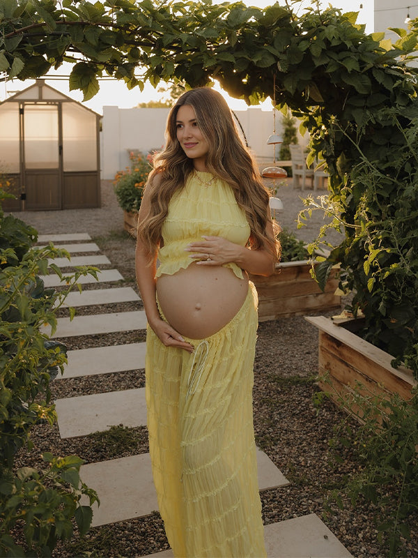Yellow 2 Pieces Ruched Backless Ruffle Tie Photoshoot Maternity Maxi Dress