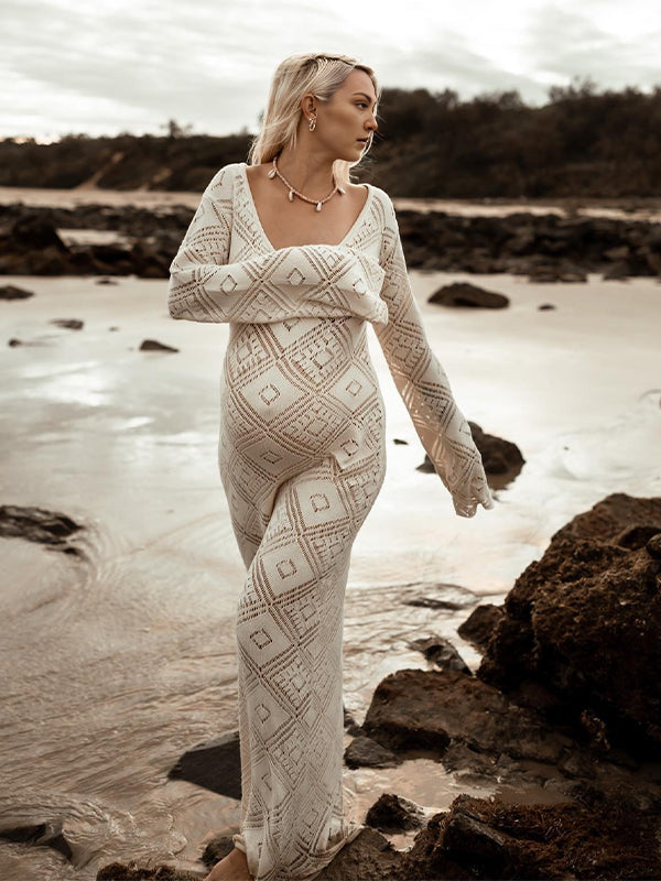 Apricot Cut Out Sheer Knit Photoshoot Maternity Maxi Dress