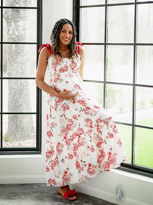 Red Floral Smocked Ruffle Bow Flowy Photoshoot Maternity Maxi Dress