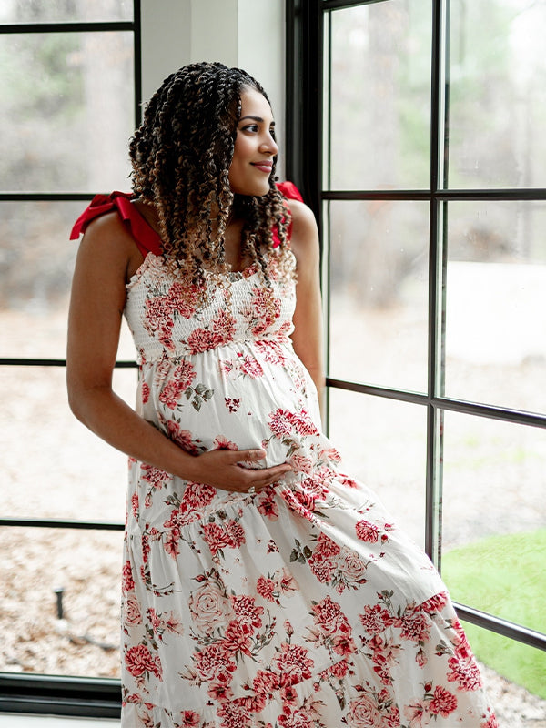 Red Floral Smocked Ruffle Bow Flowy Photoshoot Maternity Maxi Dress