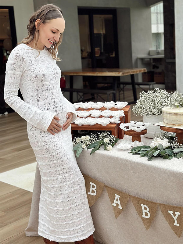 White Cut Out Knit Backless Baby Shower Maternity Maxi Dress