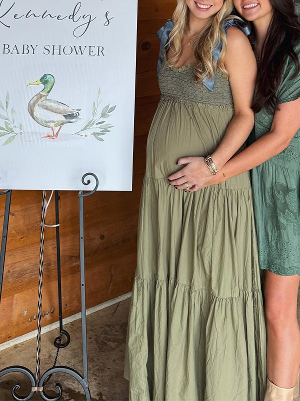 Matcha Smocked Ruffle Tie Flowy Baby Shower Maternity Maxi Dress