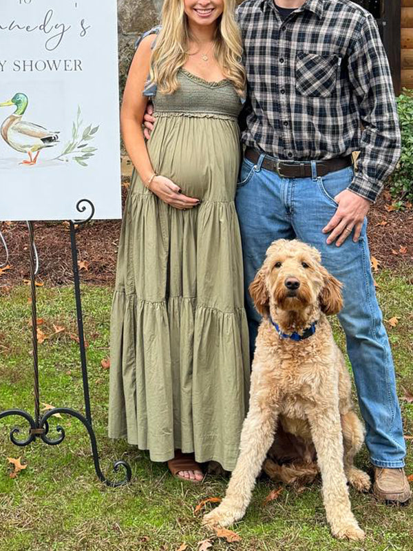 Matcha Smocked Ruffle Tie Flowy Baby Shower Maternity Maxi Dress