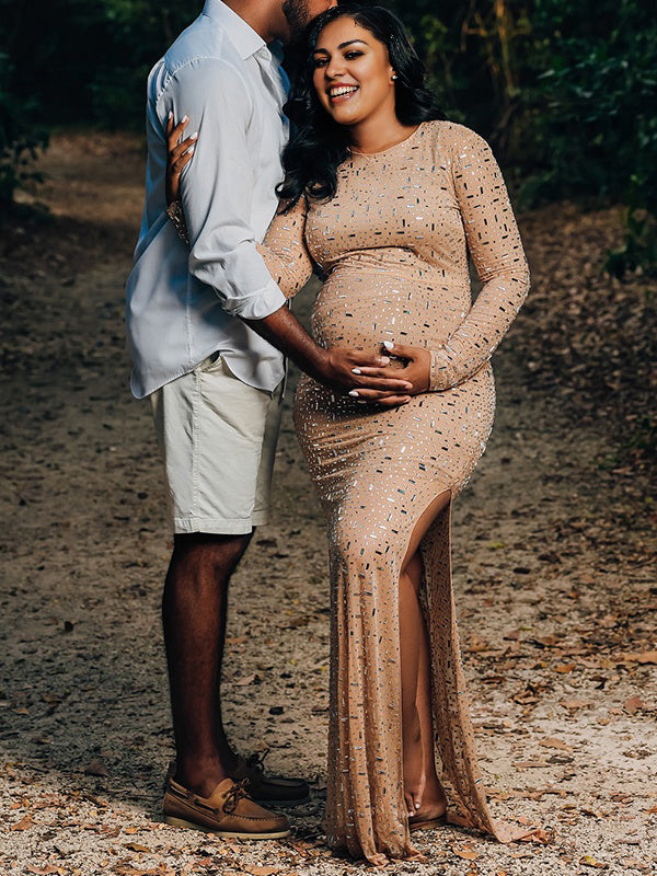 Naked Diamond Rinestone Side Slit Photoshoot Maternity Maxi Dress