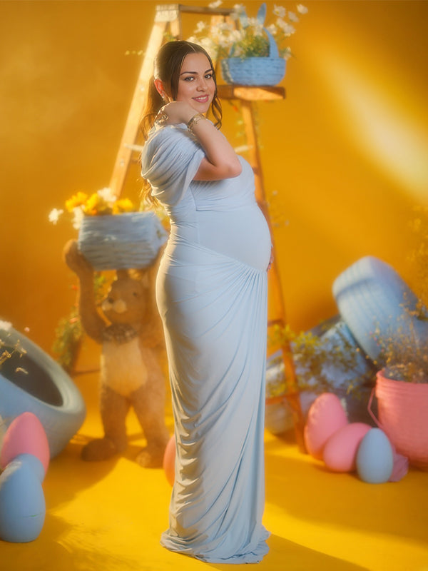 Light Blue Ruched Irregular Neck Photoshoot Maternity Maxi Dress