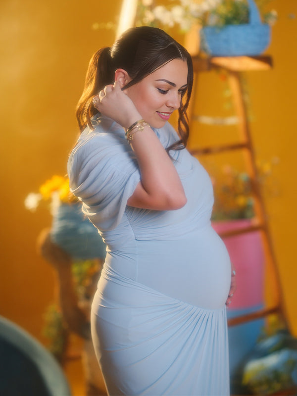 Light Blue Ruched Irregular Neck Photoshoot Maternity Maxi Dress