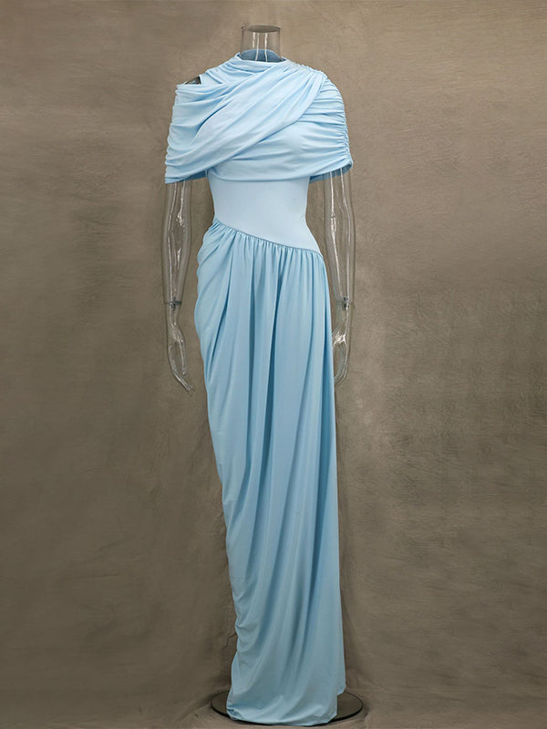 Light Blue Ruched Irregular Neck Photoshoot Maternity Maxi Dress