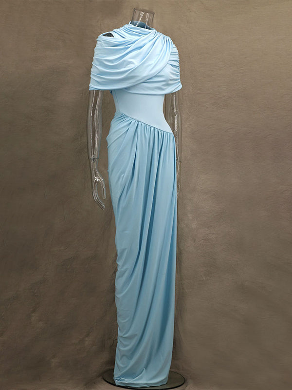 Light Blue Ruched Irregular Neck Photoshoot Maternity Maxi Dress